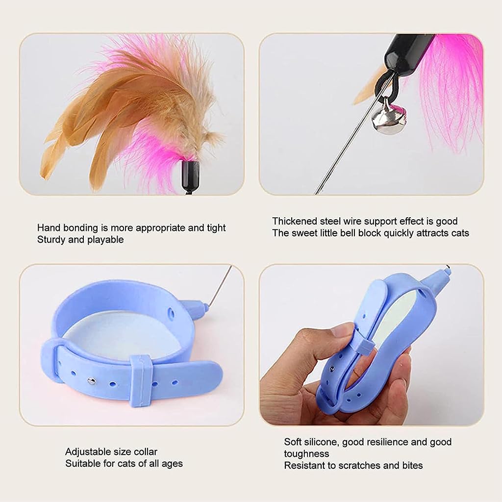 Qpets Cat Teasing Toy Feather Teasing Wand Toy Wearable Collar Cat Teasing Toy with Bell and Feather Cat Self-Entertainment Toy Boredom-Buster Toy