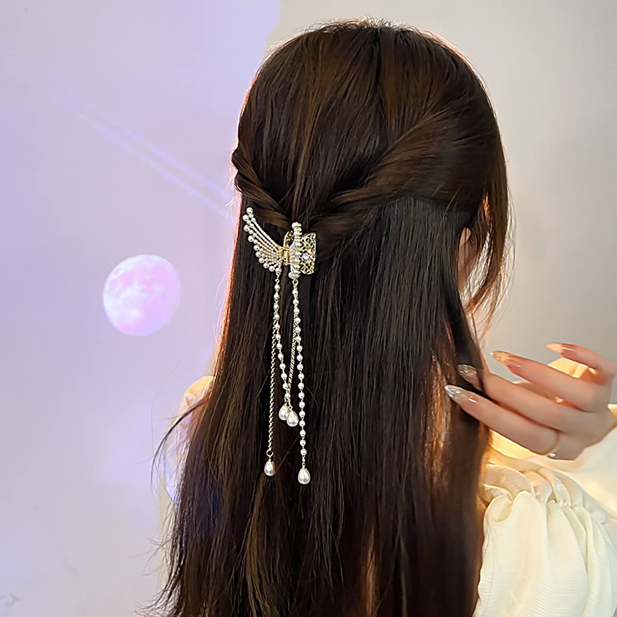 SANNIDHI Butterfly Hair Clips for Women Stylish Latest Crystal Tassel Hair Accessories Trendy Metal Decorative Small Hair Claw Clips Gifts for Women Girls - 1 Pack