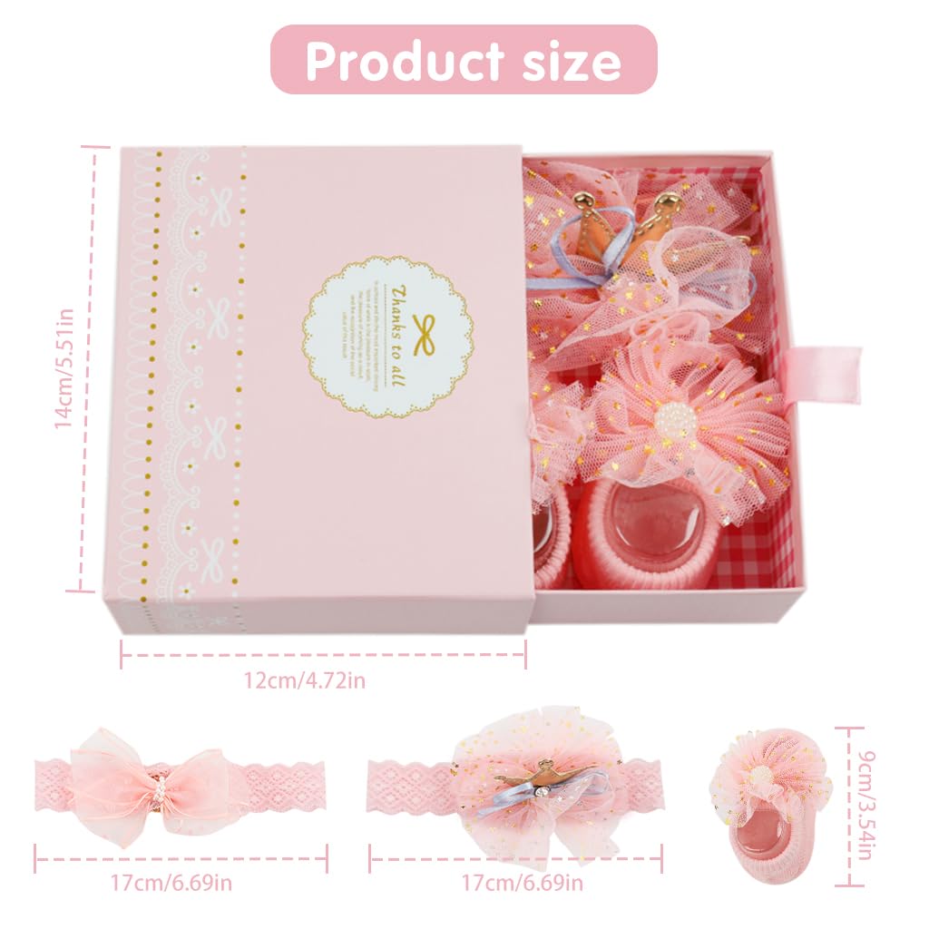 SNOWIE SOFT Baby Girl Shower Gift Set of 3Pcs Girls Crown Headband Lace Bow Headband Baby Girls Footwear Pink Princess Baby Girl Gift for Newborns Milestone Gift for Baby Girls