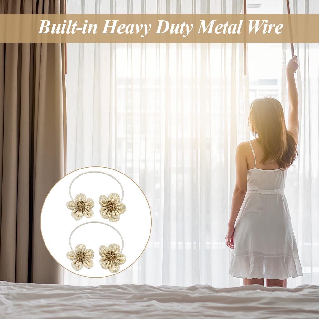 HASTHIP 2Pcs Flower Curtain Tiebacks Decorative Cotton Linen Flower Flexible Curtain Tiebacks Drape Tiebacks Flexible Metal Wire Curtain Tiebacks Non Slip Curtain Tiebacks for Heavy Drapes