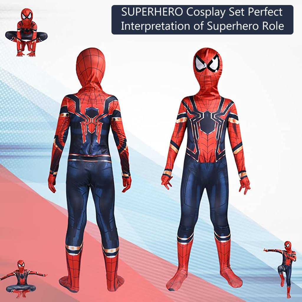 FANCYKU Spiderman Costume 3D Digital Prints Spider Man Costume for Kids Breathable Spandex Spiderman Suit Theme Party Suit for Boys Girls Dressing Suit for Halloween, Festival, Cosplay, Performance