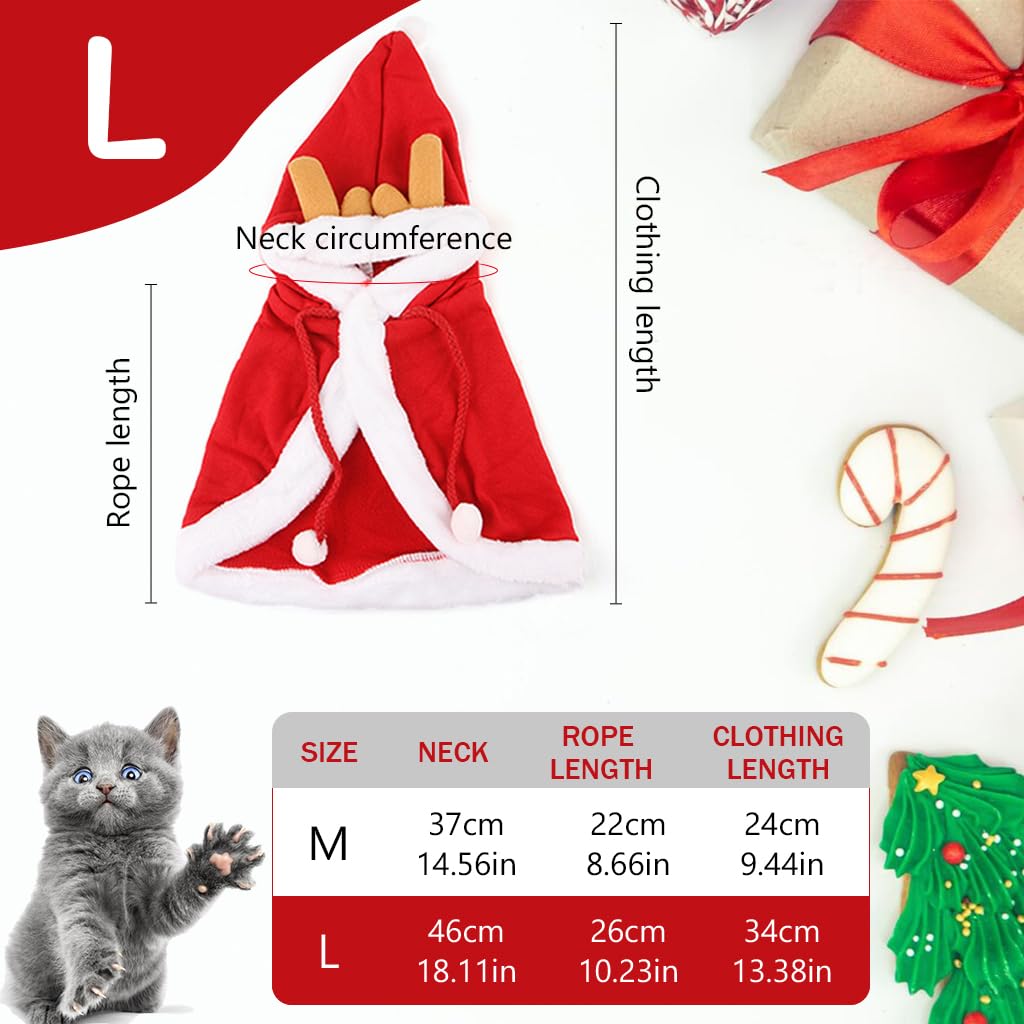 Qpets Chrismat Cat Clothes, Dress Up Clothes Chrismat Red Elk Cloak for Cat Warm Plush Cloak Adjustable Drawstring Hat Christmas Party Clothes for Cat, L