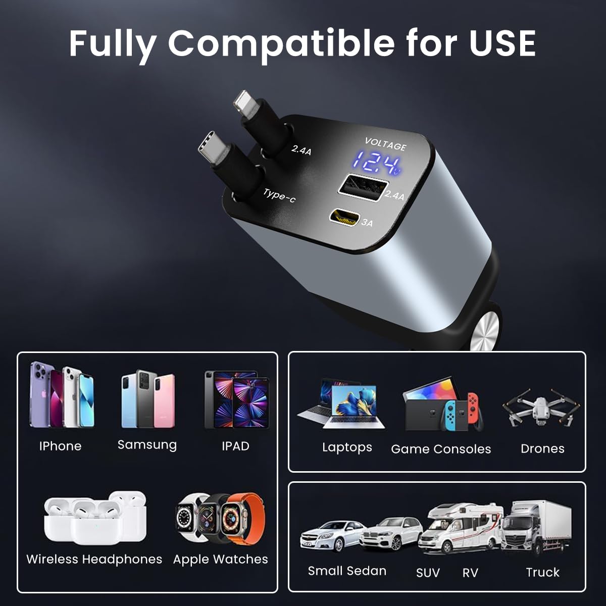 HASTHIP Retractable Car Charger, 4 in 1 Fast Car Phone Charger 66W, 2 Retractable Cables and USB Car Charger,