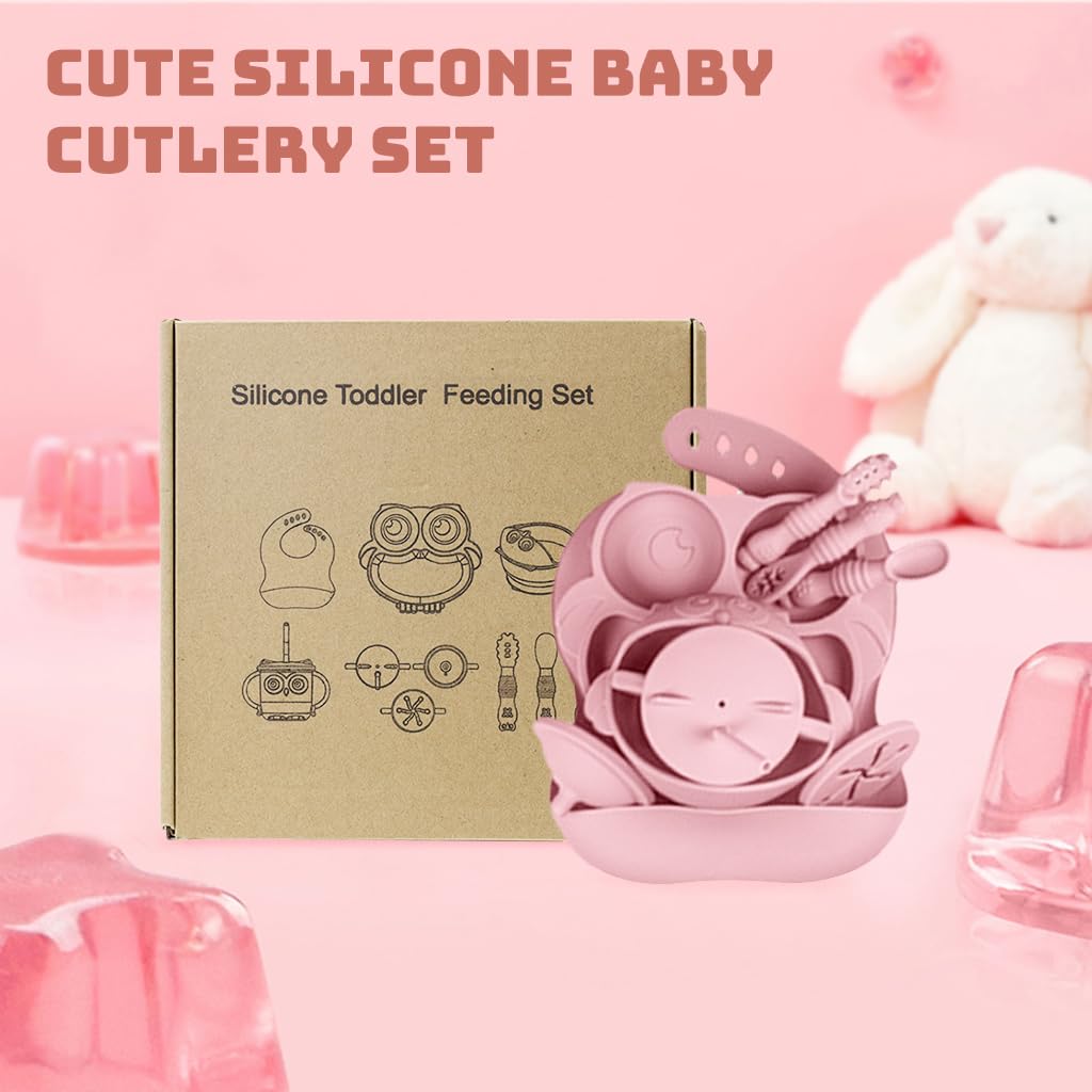 SNOWIE SOFT Baby Feeding Set of 10Pcs Food Grade Toddlers Silicone Food Plate Sipping Cup Bowl Set with Silicone Bib, Baby Cutleries, Self-Feeding Tableware Set for Toddlers, Sterilizable, Pink