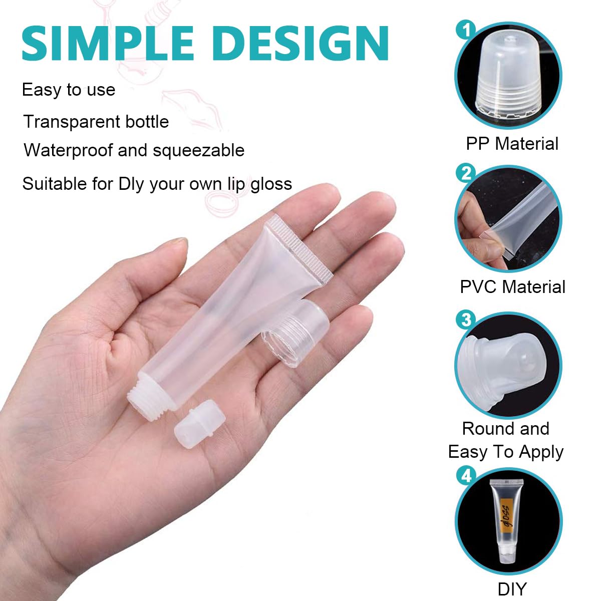 MAYCREATE 50pcs Clear Lip Gloss Tubes Set, 10ml Empty Lip Balm Containers with Caps, Syringes & Labels Kit, Plastic Soft Squeeze Tubes for DIY Cosmetic Sample Pigment Powder (Sample Not Included)