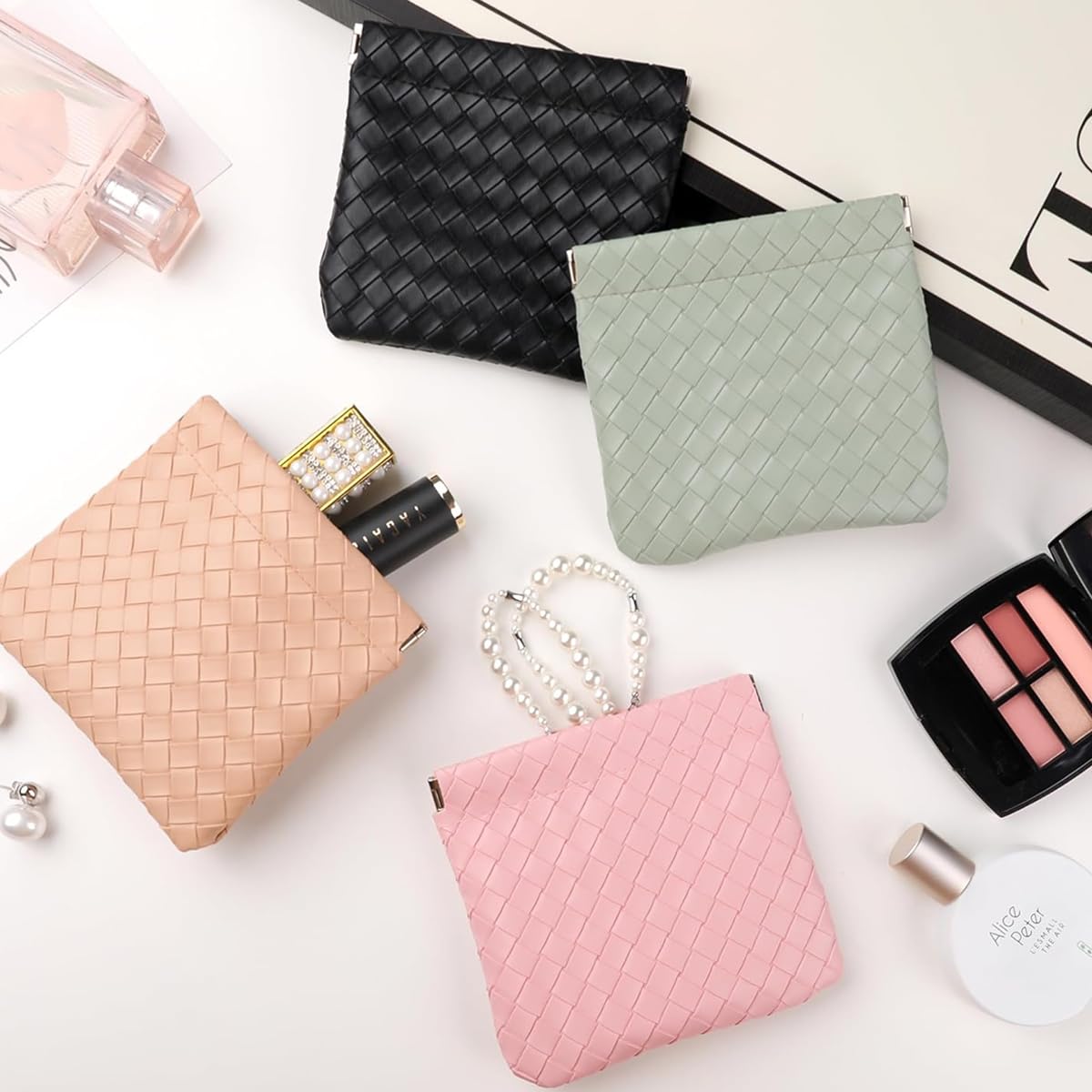 MAYCREATE Small Makeup Pouch 4Pcs Set, Small Pouches Makeup Bag PU Leather Mini Cosmetic Bag Weave Lipstick Makeup Pouches for Women Pocket Coin Purse Organizer