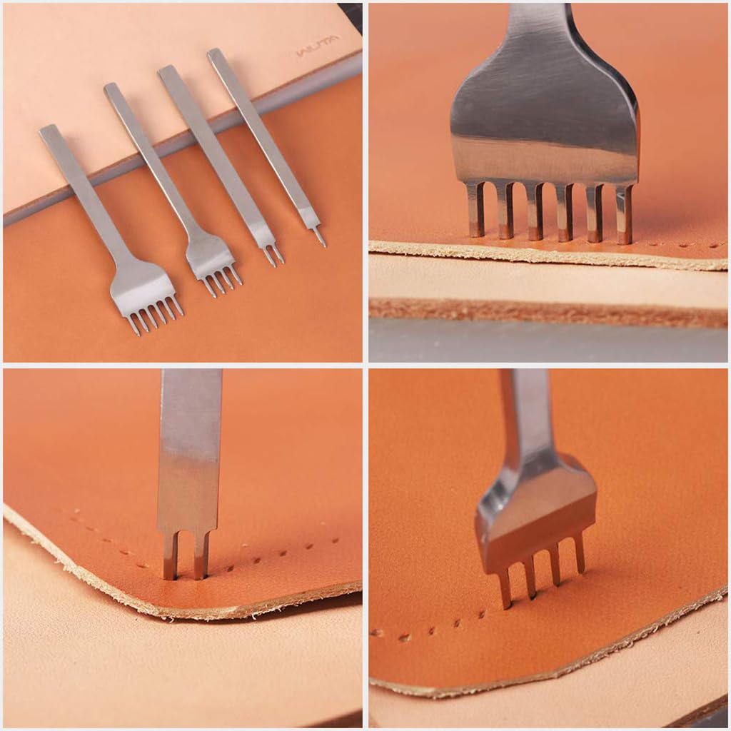 HASTHIP 4Pcs Leather Stitching Punches Stitching Chisel Set, 1/2/4/6 Prong Stitching Punch Tool Stitching Prong for DIY Leather Crafts Hand Leather Stitching Tools