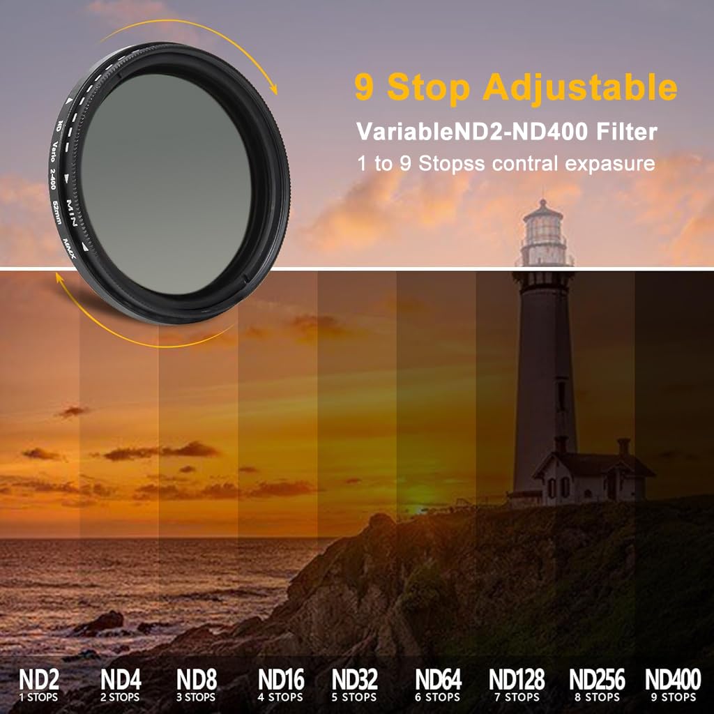 ZORBES 52MM Variable ND2-ND400 Filter, Ultra Slim Multi-Coated Adjustable Neutral Density Filter, Clip-on Phone Lens ND Filter Kit, Compatible for iPhone 15 14 13 12 11 and Other Smart Phones