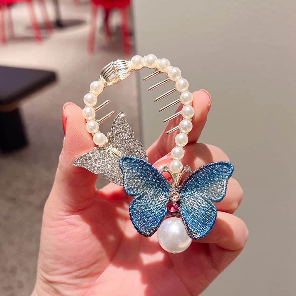 PALAY Hair Bun Accessories for Women Pearl Butterfly Bun Holder Hair Style Clip, Stylish Metal Rhinestone Twist Hair Bun Clips for Ladies Bride Party or Daily