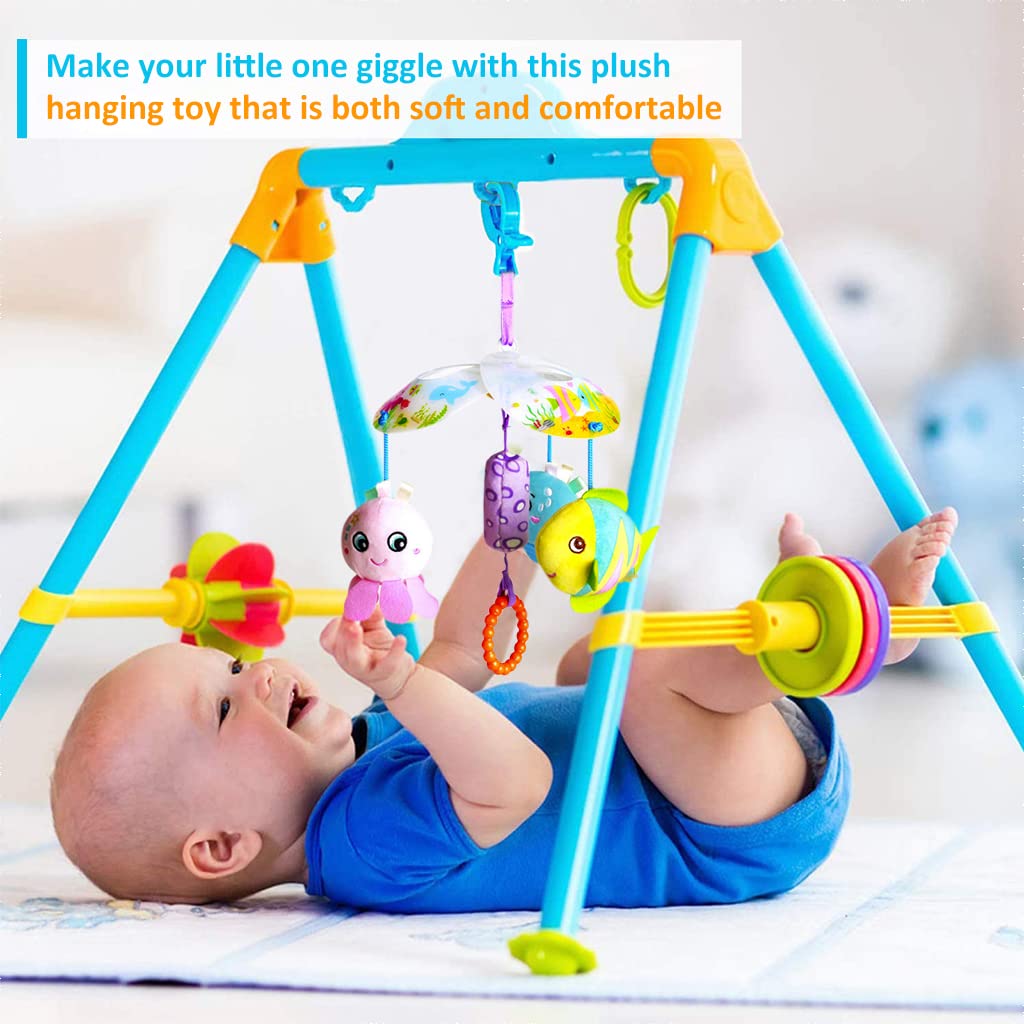 PATPAT Hanging Toys for Babies 0-6 Months, New Born Baby Toys Rattle Crinkle Soft Toys Car Seat Plush Stroller Toy with Teethers Plush Animal C-Clip Ring for Infant Babies 3 6 9 to 12 Months - Ocean