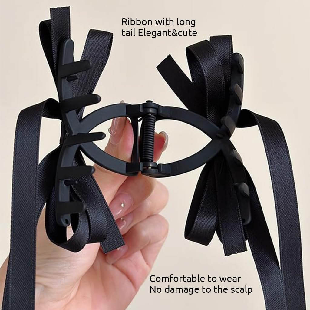 PALAY 2Pcs Hair Claw Clips for Women Stylish Bow Ribbon Large Claw Clip Non-Slip Matte Claw Hair Clips Strong Hold Barrette for Medium Thick Hair - Brown & Black