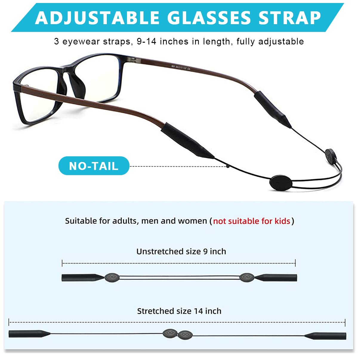 HASTHIP 3pcs Adjustable Eyeglasses Straps, Anti-Slip No Tail Glasses Strap Retainer, Sports Sunglasses Strap, Silicone Eyewear String Holder Chain for Women Men Boy Girl