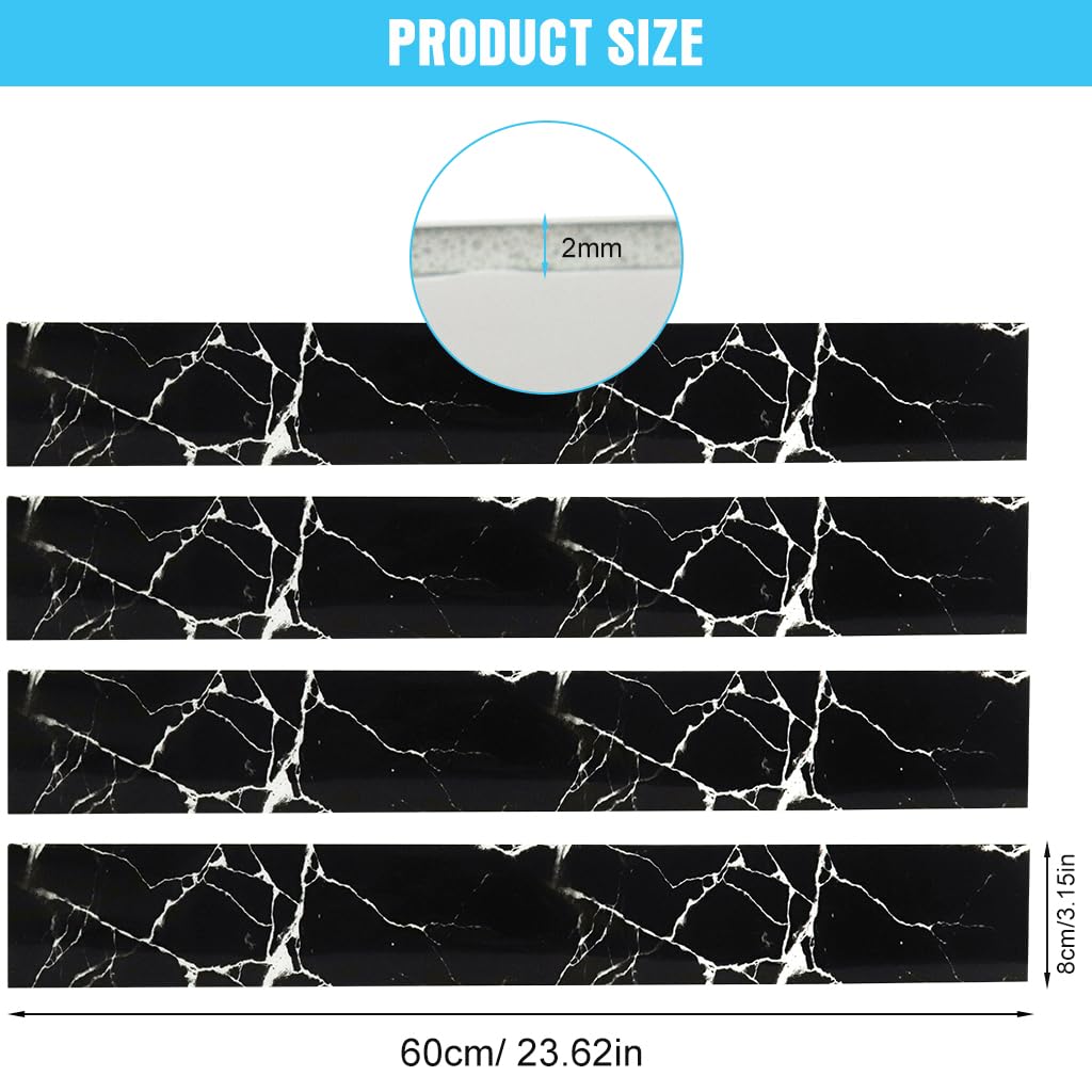 HASTHIP 4Pcs Wall Border Sticker, Black Marble Crack Pattern Self-Adhesive Baseboard Trim, Waterproof PVC Self Adhesive Wallpaper Border for Home, Bathroom, Living Room (23.5 X 3.1 Inch)