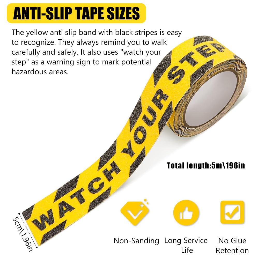 Serplex Caution Tape' Watch Your Step' Anti-skid PVC Warning Tape 1.97 Inches x 16.4 Ft Caution Tape Self Adhesive Matte Anti-slip Visual Warning Floor Tape Stair Tape Safety Tape