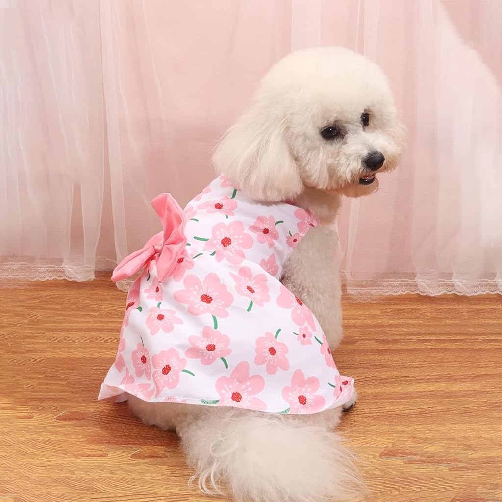 ZIBUYU Dog Dress for Small Medium Dogs and Cats Cute Floral Print Dog Clothes with Pink Bow Summer Dog Cat Dress Puppy Pet Clothes for Daily, Walking - Size M