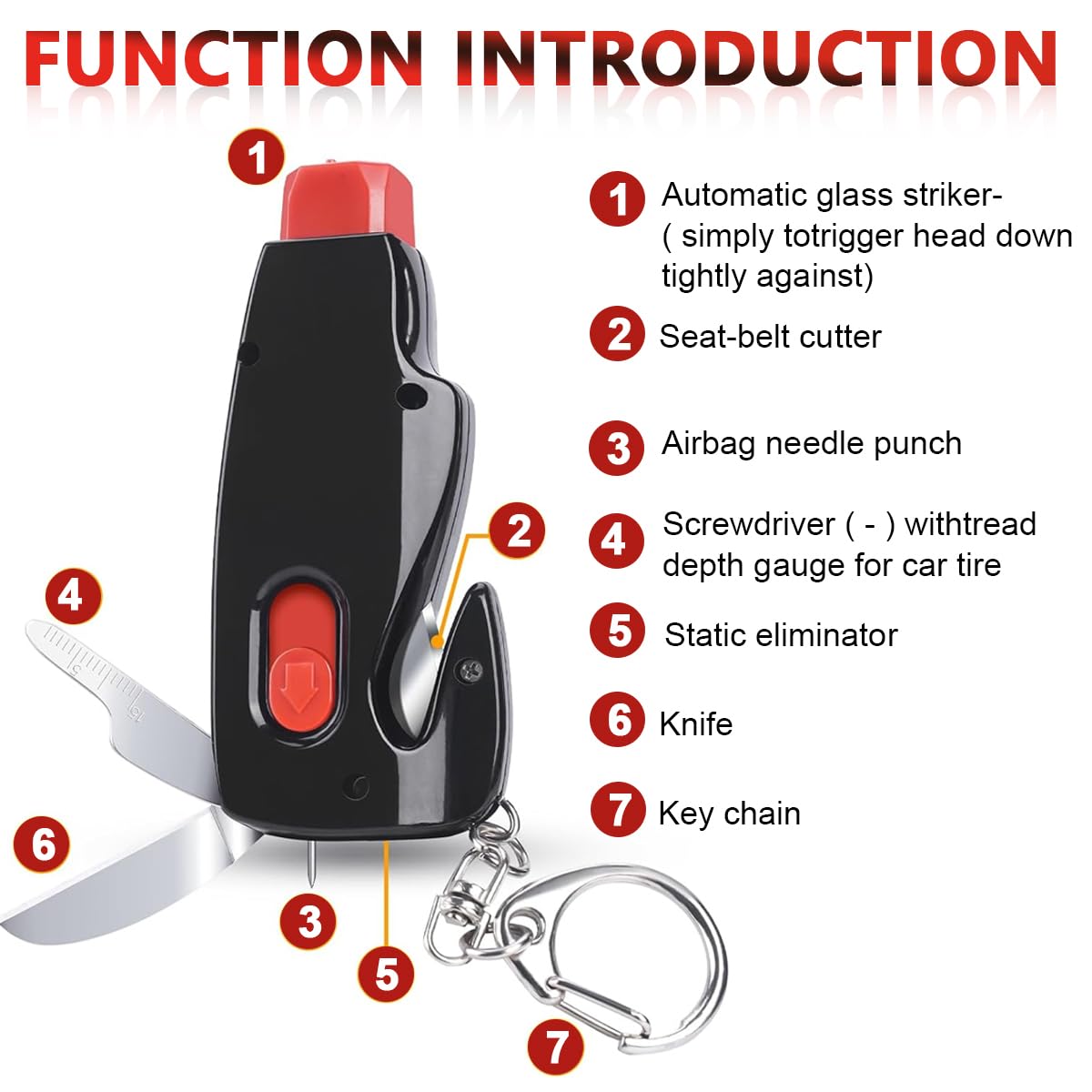 STHIRA Car Emergency Tool Automatic Glass Striker with Seat Belt Cutter Multifunctional Car Safety Hammer with Airbag Punch Pin, Static Eliminator Car Window Breaker Tool for Emergency