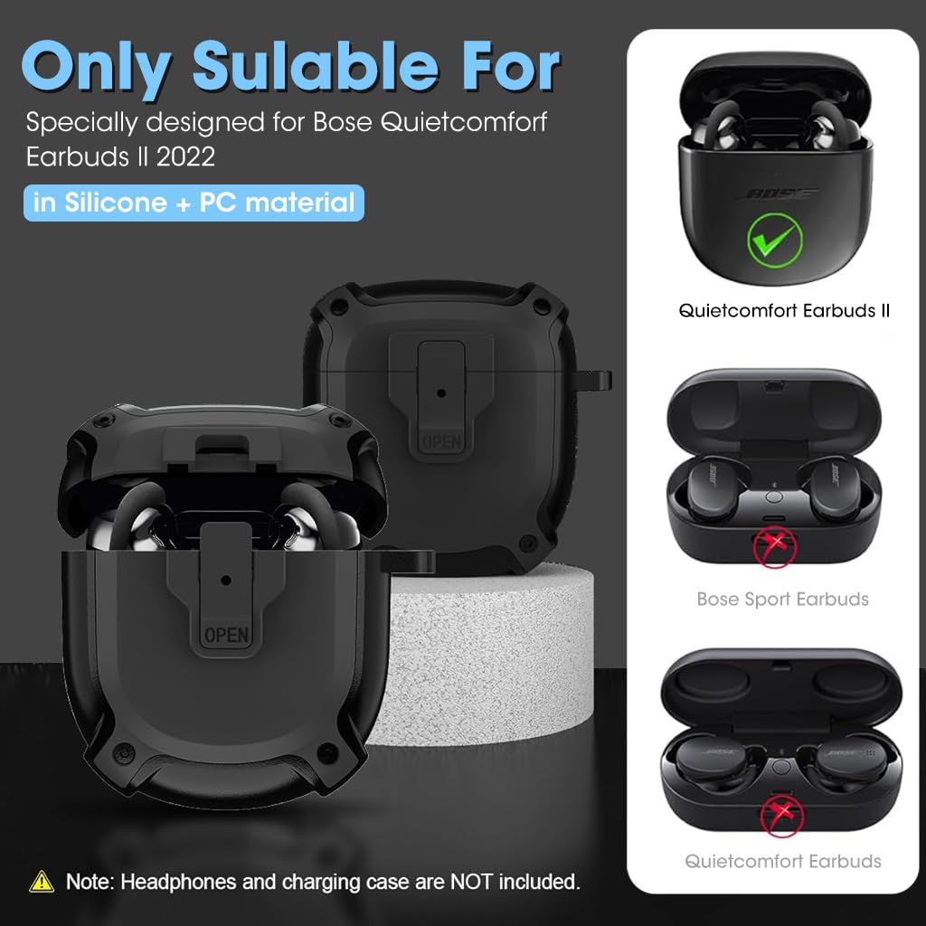 ZORBES Protective Case for QuietComfort Earbuds 2 Case (2022) with Lock, Shockproof Case for Bose QuietComfort Earbuds II TPU, Anti-Scratch Charging Box Cover with Keyring, Lanyard & Carabiner