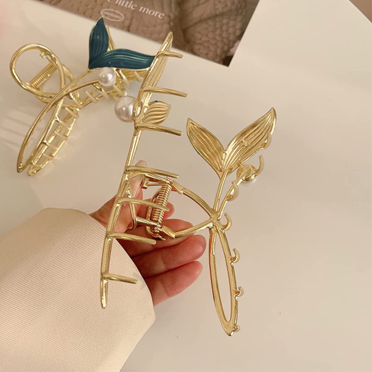 PALAY Hair Claw Clip for Women Large Stylish Mermaid Pearl Hair Clip Clutcher Ladies Non-Slip Metal Hair Jaw Clips, Strong Hold Elegant Bun Hair Styling Clamp Hair Accessories Gift