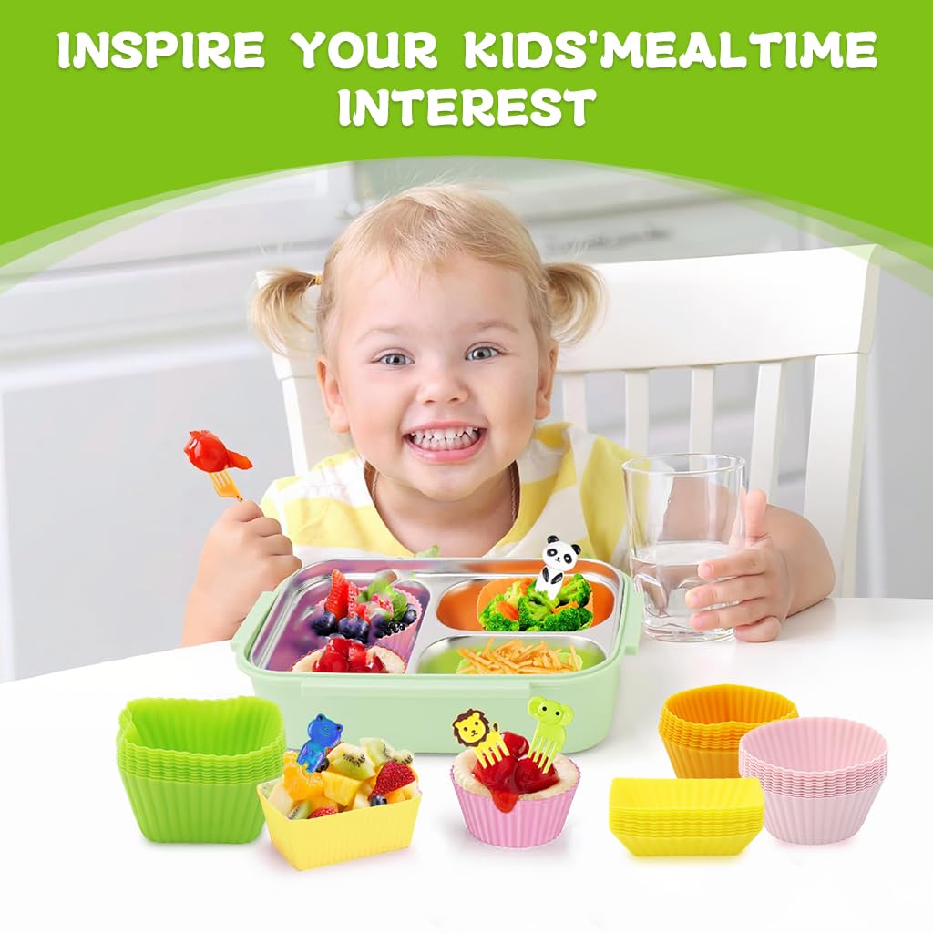 HASTHIP 40pcs Silicone Cupcake Mold Liners & 10Pcs Cartoon Kids Fruit Forks, 4 Shapes Creative Reuseable Cupcake Liners Food Grade Heat Resistant Silicone Cupcake Mold Liners