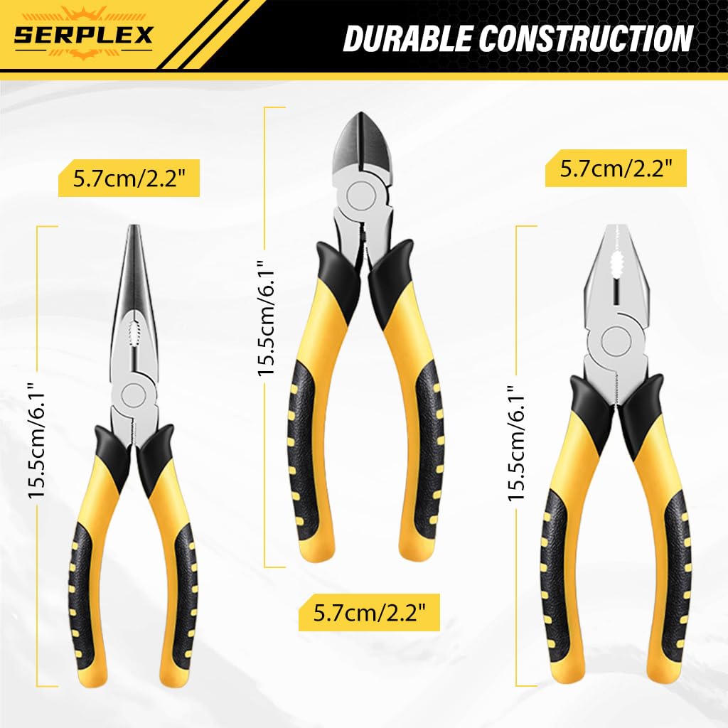 Serplex 6'' Pliers Tool Set of 3Pcs Pliers Needle-nose Plier Combination Plier Side Cutter Rubberized Anti-slip Handle Design Multi-purpose Pliers for Electrical Work, Automotive Repair, Crafts