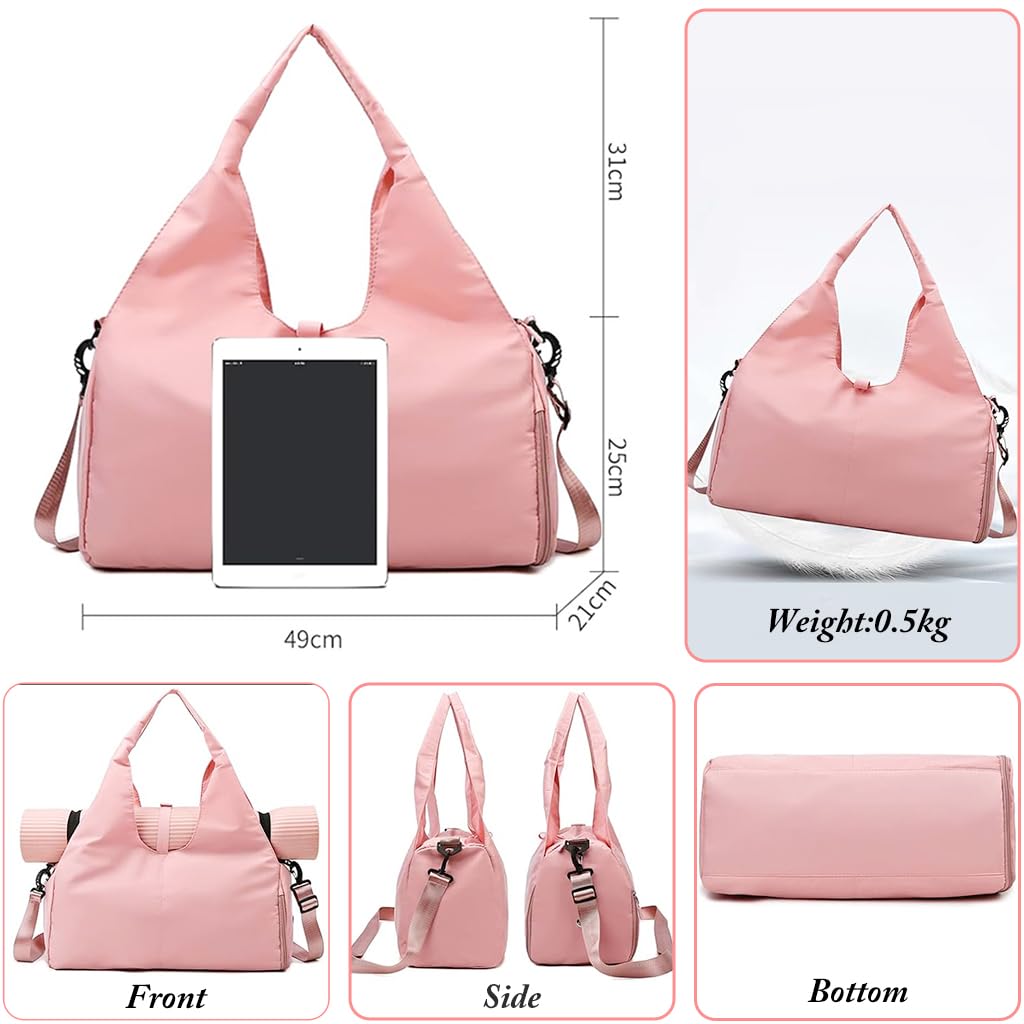 PALAY Women Gym Bag Fitness Handbag Large Duffle Bag Oxford Cloth Waterproof Fitness Bag with Shoes Compartment Yoga Mat Bag Travel Duffle Bag, Pink