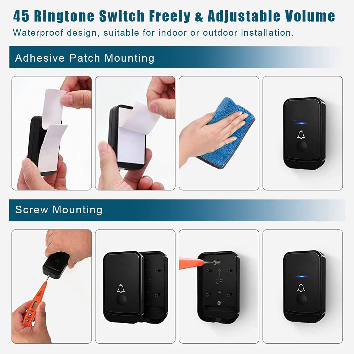 HASTHIP Self-Powered Door Bell for Home Electrical Wireless Door Bell Waterproof IP44 2 Receiver & 1 Transmitter Ding Dong Bell with Flashing Light Smart Door Bells 45 Ringtones 4 Level Volume
