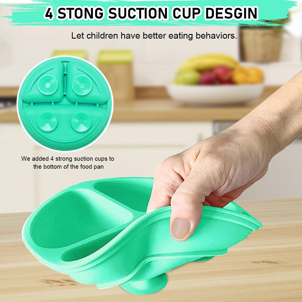 SNOWIE SOFT Baby Suction Plates for Baby Feeding BPA Free Foodgrade Silicone 3-Grid Food Plate for Kids, Young Kids Tableware, Silicone Dinnerware with 4 Suction Cups, Dish Washer Safe (Green)