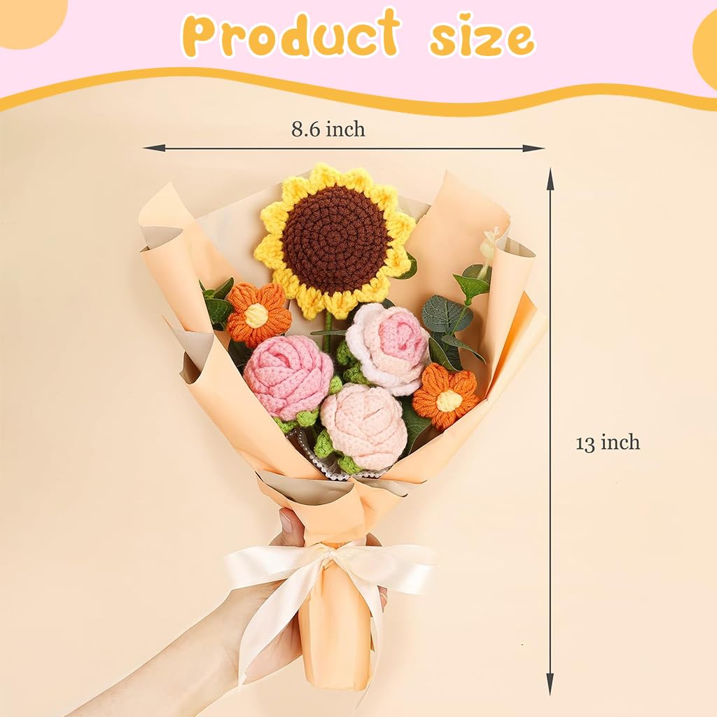 HASTHIP Crochet Flowers Bouquet Completed Handmade Crochet Sunflower Roses Desk Decorative Flower Bouquet Box Packed Handmade Corchet Flower Bouquet Gift for Mother, Mother's Day Gift