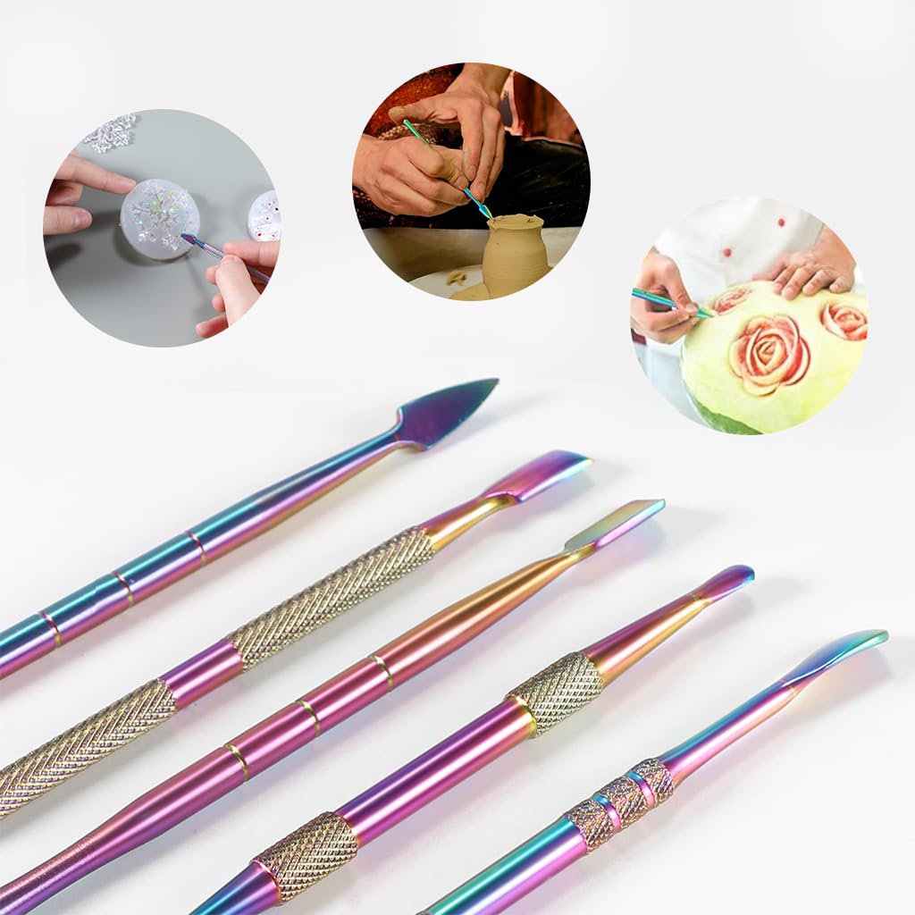HASTHIP 6 Pcs Wax Carving Tool Set with Silicone Container and Portable Metal Case, Double-Ended Carving Tool Rainbow Stainless Steel Wax Sculpting Tools for Wood, Wax, Clay, Pottery