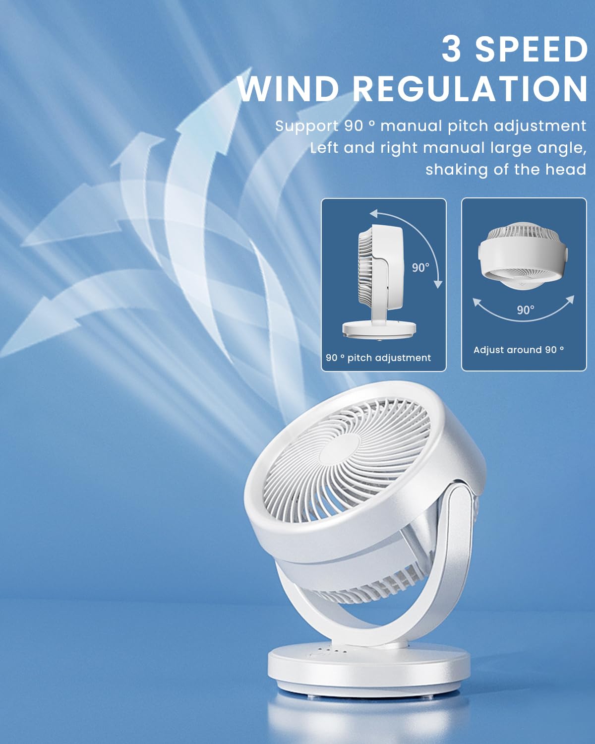 HANNEA Table Fan Small Size, Portable Rechargeable Mini Fan, USB Battery Fan Electric 8 Inch Hanging Low Noise, 90° Rotation, 4 Speeds Personal Desk Fan for Kitchen Home Office Outdoor Camping