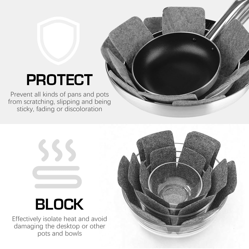HASTHIP 12Pcs Pot Protectors 3 Sizes Universal Pots Pans Felt Lining Protectors 2mm Thickness Non-Woven Fabric Cookware Pads Multi Purpose Reuseable Stacking Anti-Scratch Pads Table Protectors