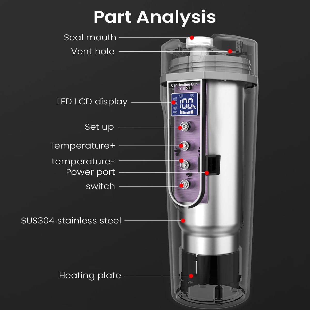 HASTHIP Car Electric Kettle 450ml Electric Heating Water Cup for 12/24V Vehicle LCD Digital Temperature Display Electric Water Kettle 304 Stainless Steel Liner Leak-proof Water Heaters