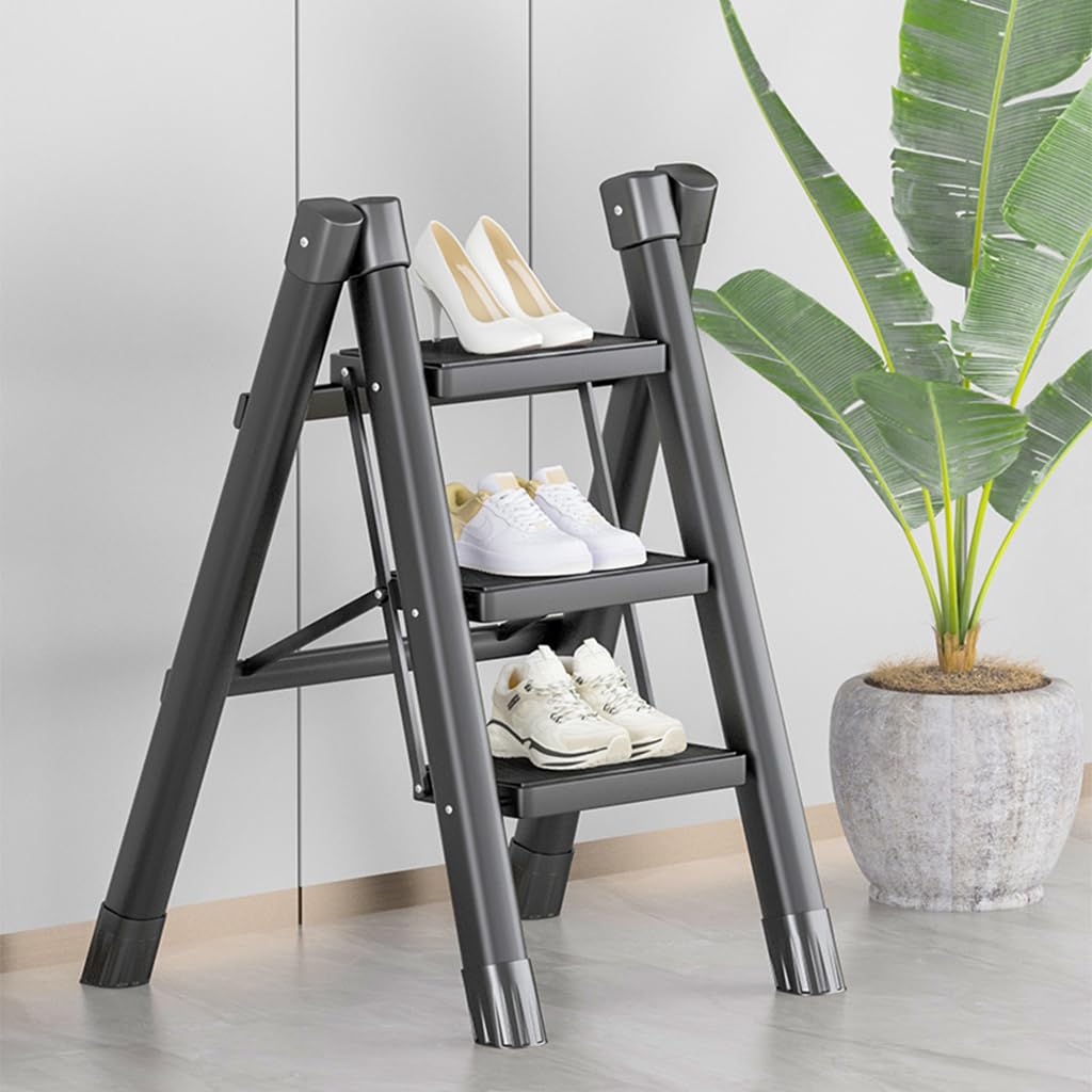 HASTHIP 3 Step Ladder Carbon Steel Foldable Ladder 330lbs Load Capacity 3 Step Ladder for Home, Step Ladder for Home Use, Folding Step Stool with Anti-Slip Pedal, Plant Pot Ladder Holder