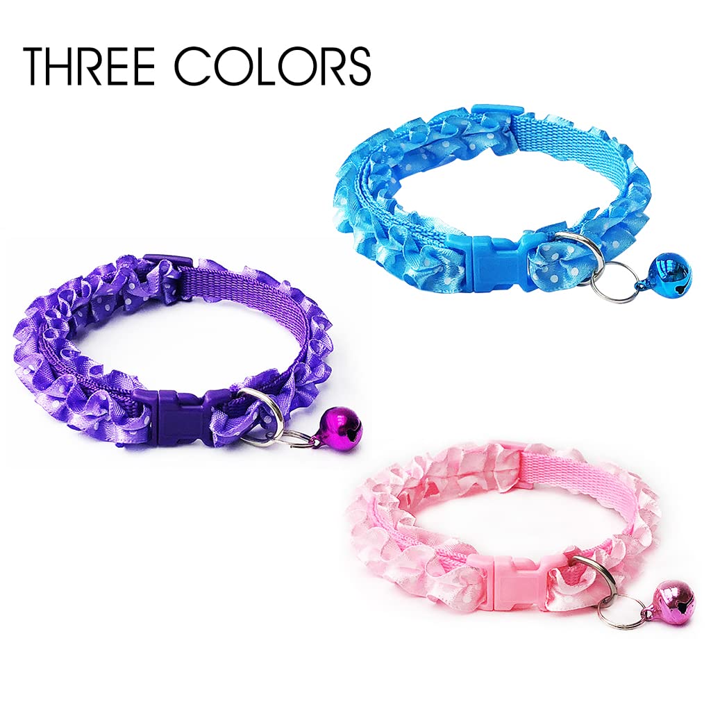 ZIBUYU Cat Collars with Bell Lace Edge Pet Collar with Bell Adjustable Cat Collar with Quick Release Buckle Neck Collar for Cats (7.87 inch to 13.38 inch) - 3 Pcs