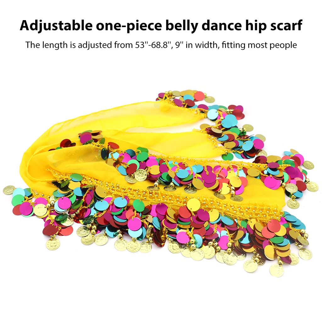 PALAY Belly Dance Hip Scarf Waistband Belt Belly Dance Skirt Wrap with Colorful Bling Coins Fancy Belly Dance Costume Accessories for Women Girls Yellow