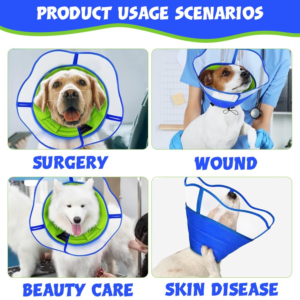 Qpets Dog Cone Collar, Breathable Soft Dog Cones, After Surgery Recovery Dog Collar with Drawstring Adjustment for Head Neck Protection (L)