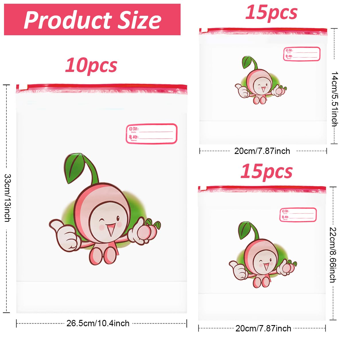 HASTHIP 40pcs Food Storage Bags 3 Sizes Zip Lock Bags Transparent Zip-lock Food Bags with Date Label Double Sealing Strips Leaking-proof Food Bags for Freezer Food Grade Safe Food Bags