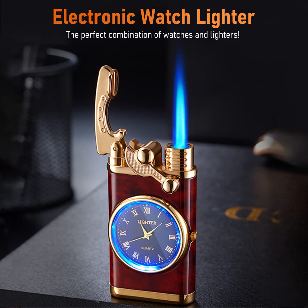 GUSTAVE Cigarette Lighter with Lighted Electric Watch, Refillable Butane Lighter Cigar Lighter, Windproof Portable Candle Lighter for Grills BBQ Fireplaces Camping (Without Gas)