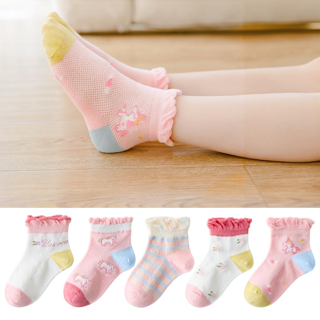 PALAY 5 Pairs Kids Socks Girls Socks Breathable Cotton Mesh Socks Home Socks Cartoon Unicorn Cotton Socks for Girls 6-8 Years Old