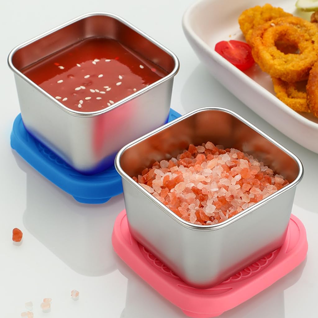HASTHIP 2pcs Ketchup Cups 180ML Stainless Steel Sauce Cups with Silicone Lid Leakproof Salad Dressing Container Snack Container Ketchup Cups for Lunch Bento Box, Picnic, Travel