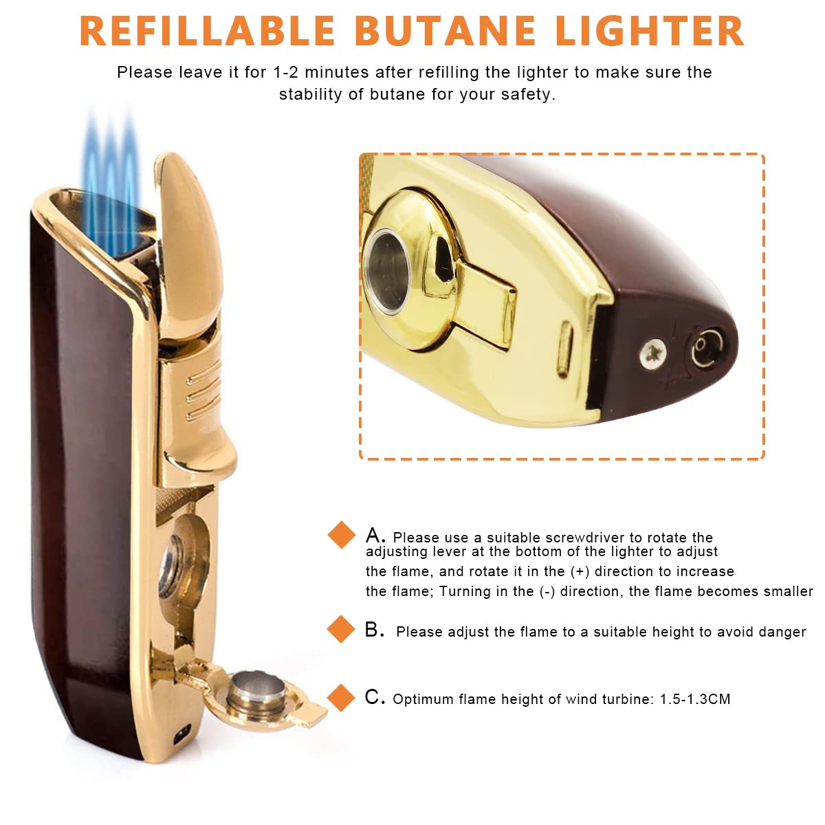 GUSTAVE 2Pcs Cigar Cutter Cigar Lighter Set, Stainless Steel Cigar Cutter, Refillable Butane Lighter with Adjustable Flame, Perfect Combo of Cigar Accessories for Men - Without Gas