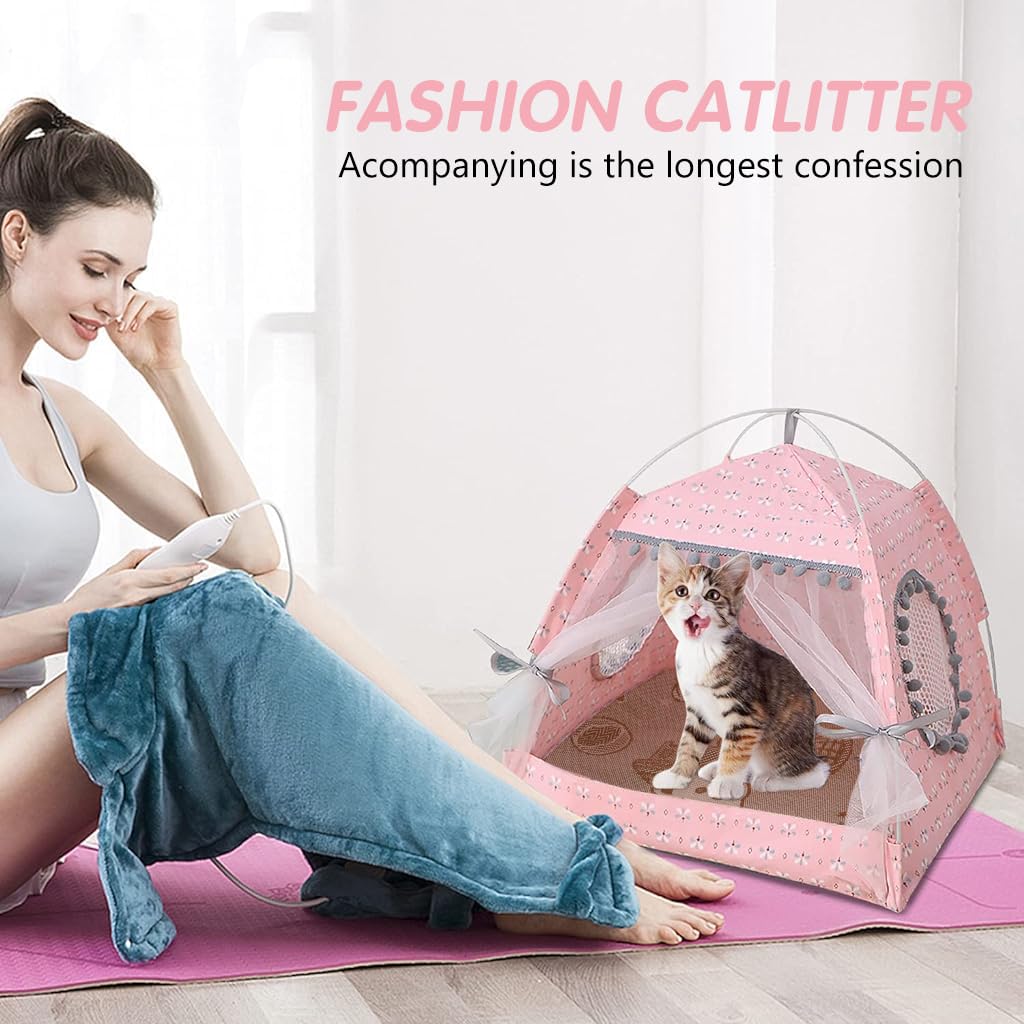 Qpets Pet Princess Tent House, Lace Cat Bed Tent Dog House Print Cat House with Breathable Matress, Easy Assembly Folding Cat Princess Tent House for Small Medium Dogs Cats