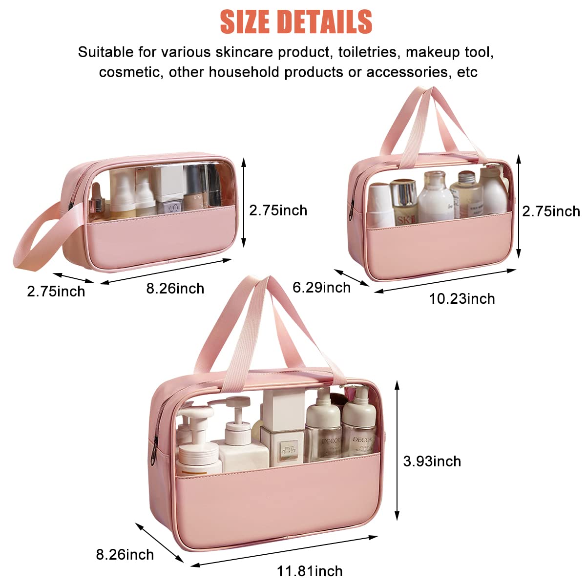 MAYCREATE 3 Pcs Clear Makeup Pouch Set Cosmetic Organizer Bag for Women and Girls Travel Waterproof Toiletry Storage Kit for Home Travel Use (Rose Pink)