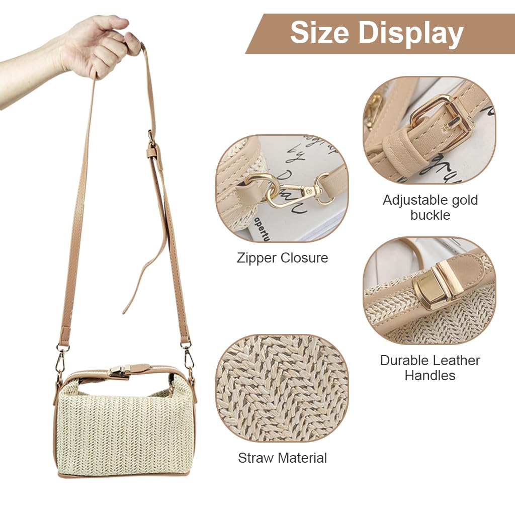 ZIBUYU Straw Bags for Women Beach Stylish Sling Shoulder Bag for Girls and Women Detachable Shoulder Belt Woven Straw Crossbody Bag Golden Hardware Buckle Design Handbag Bag - Beige