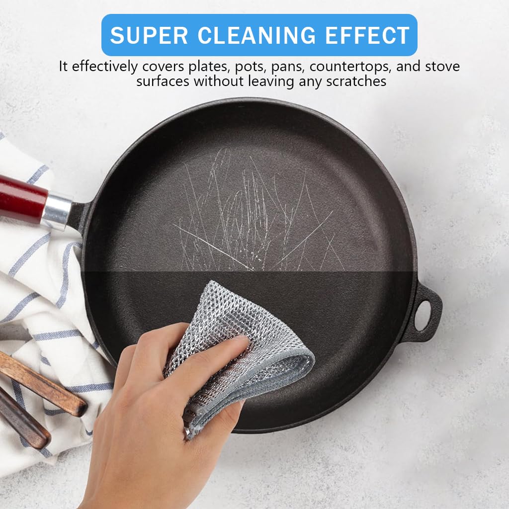 HASTHIP 5Pcs Double Layer non scratch wire dish cloth Multipurpose Wire Dish Cloth for Kitchen Scrubbing and Cleaning Dishes, Pots, Sinks, Reusable Non Scratch Wire Dishwashing Rags for Wet and Dry