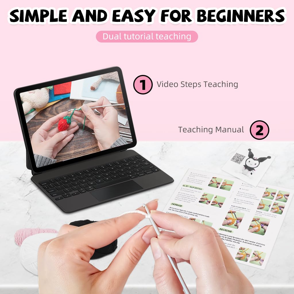 PATPAT DIY Kuromi Stuffed Toy Crochet Material Kit with Yarns and Tools 6.1'' DIY Kawaii Kuromi Stuffed Toy for Beginners DIY Handmade Crochet Cartoon Kuromi Stuffed Toy with Tutorial Video