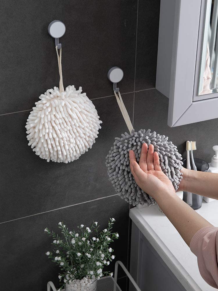 Supvox 2 Pcs Fuzzy Ball Hand Towel Soft Fast Drying Bath Hand Balls Towels Microfiber Hand Towel Set for Bathroom Kitchen (White and Gray)
