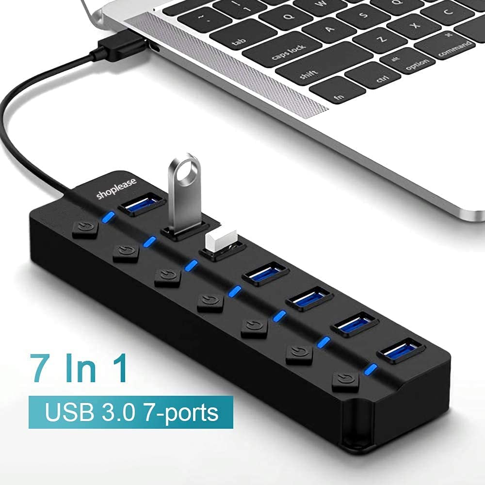 ZIBUYU USB Hub 7in1 All 3.0 Ports for PC Desktop Laptop USB Hub Individual Switch Control USB Extender for Laptop USB Hub for USB Flash Disk, Keyboard, Wired Mouse, Bluetooth Mouse, Plug and Play