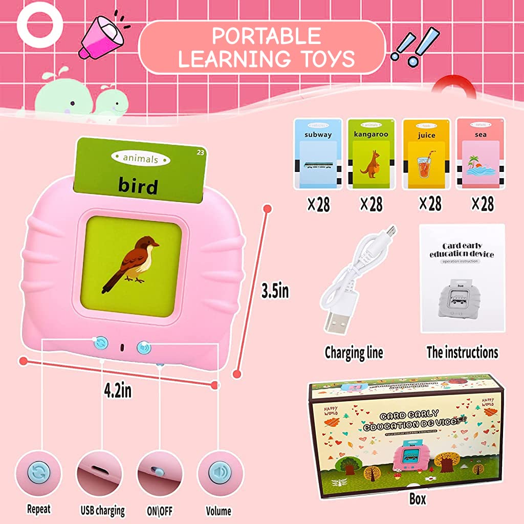 PATPAT Talking Flash Cards Learning Toys, English Words Learning Machine for Kids,Reading Machine with 112 Flash Cards Spelling Gifts for Preschool Kids Boys Girls Toddlers Age 2 3 4 5 6 7 8 - Pink