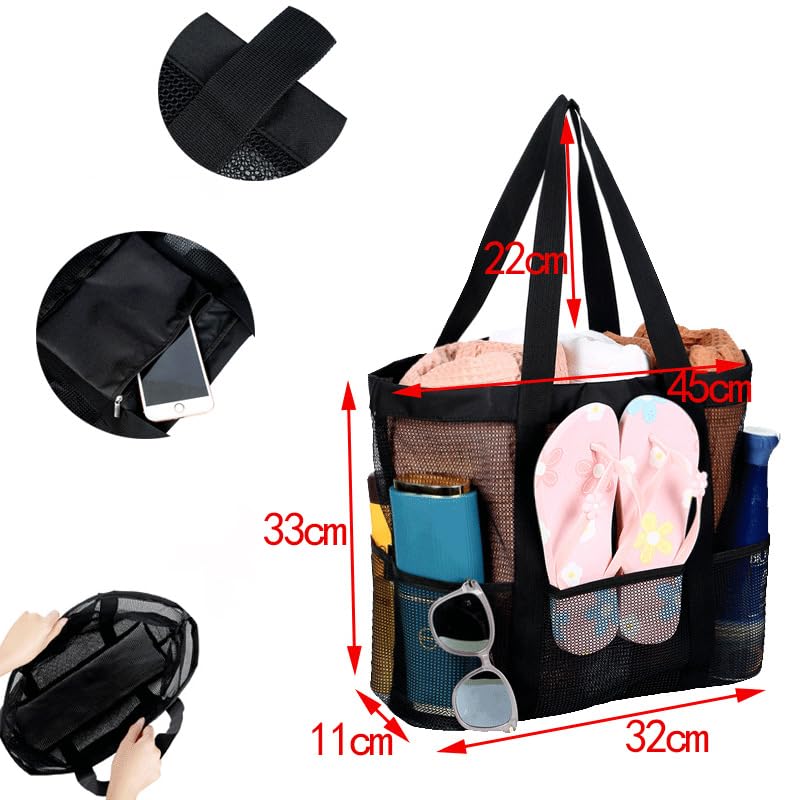 PALAY Large Capacity Beach Bag Multi Pocket Polyester Mesh Bag Tote for Travel, Fitness Bag, Swimming Storage Bag for Clothes Fashion Transparent Mesh Bag for Women, Black